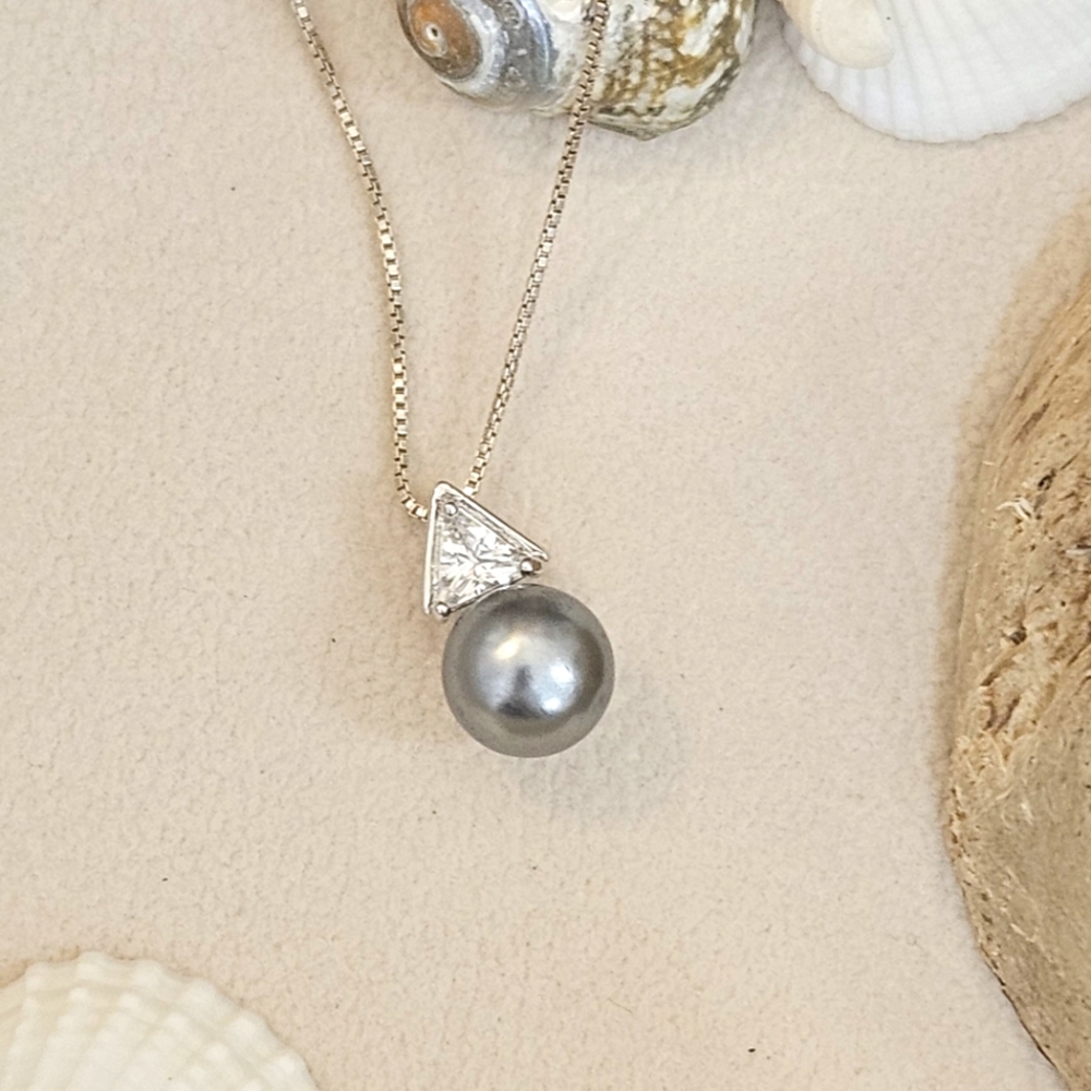 925 Cubic Zirconia & Gray Pearl Pendant Necklace 925 18" Chain